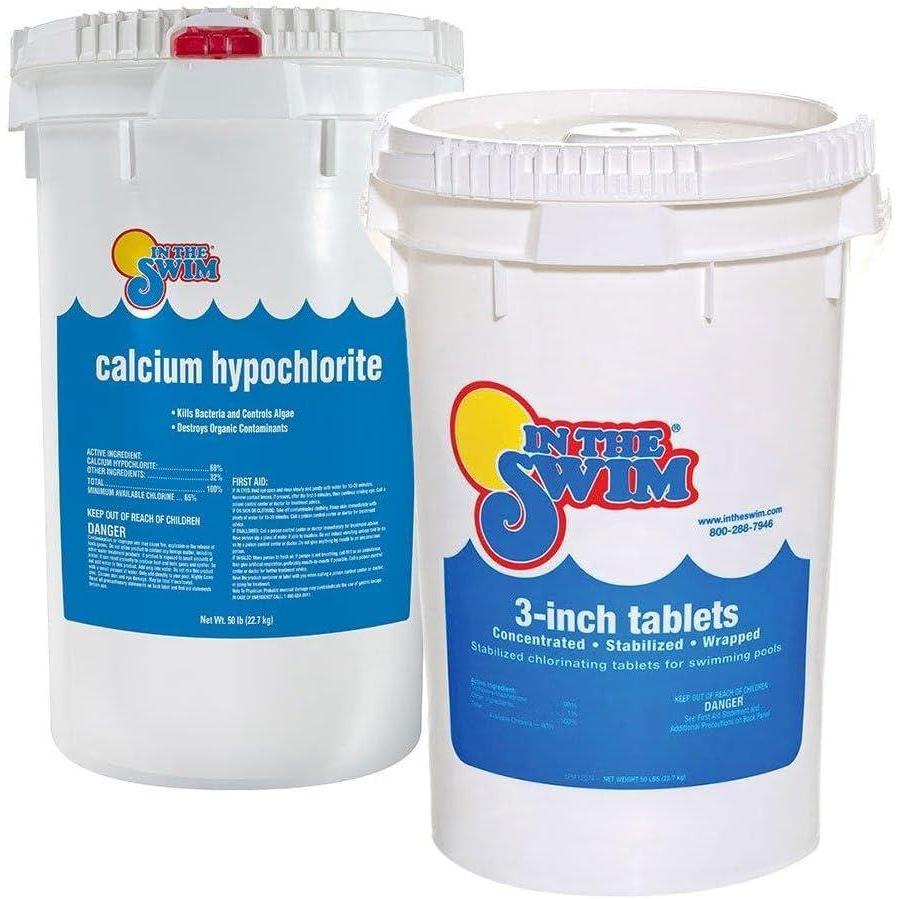 imageIn The Swim Chlorine and Shock Bundle for Sanitizing Swimming Pools  Includes 50 Pound Bucket of 3 Inch Stabilized Chlorine Tablets and 25 Pound Bucket of 68 CalHypo Pool Shock5050 Bundle