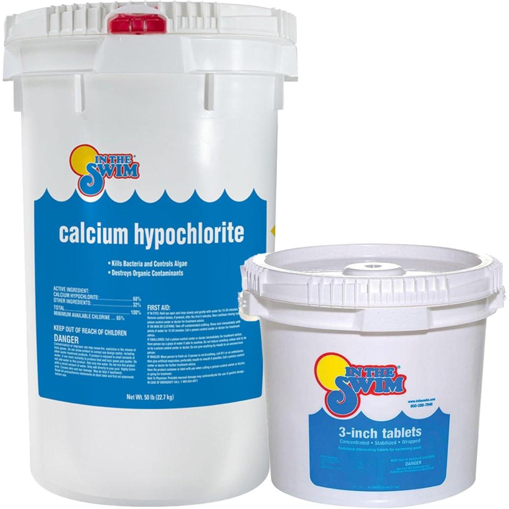 imageIn The Swim Chlorine and Shock Bundle for Sanitizing Swimming Pools  Includes 50 Pound Bucket of 3 Inch Stabilized Chlorine Tablets and 25 Pound Bucket of 68 CalHypo Pool Shock2550 Bundle