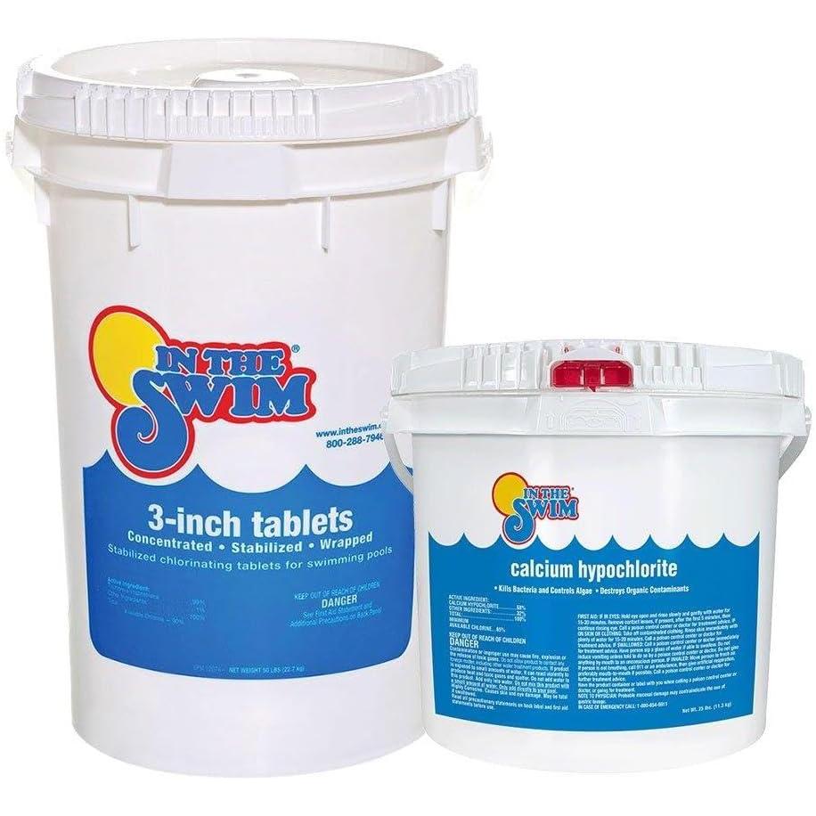 imageIn The Swim Chlorine and Shock Bundle for Sanitizing Swimming Pools  Includes 50 Pound Bucket of 3 Inch Stabilized Chlorine Tablets and 25 Pound Bucket of 68 CalHypo Pool Shock5025 Bundle