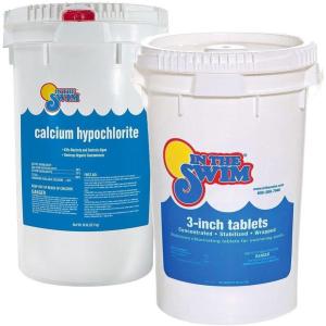 In The Swim Chlorine and Shock Bundle for Sanitizing Swimming Pools – Includes 50 Pound Bucket of 3 Inch Stabilized Chlorine Tablets and 25 Pound Bucket of 68% Cal-Hypo Pool Shock(50-50 Bundle)
