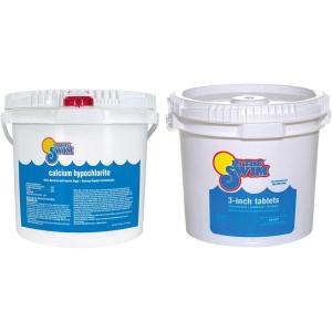 In The Swim Chlorine and Shock Bundle for Sanitizing Swimming Pools – Includes 50 Pound Bucket of 3 Inch Stabilized Chlorine Tablets and 25 Pound Bucket of 68% Cal-Hypo Pool Shock(25-25 Bundle)