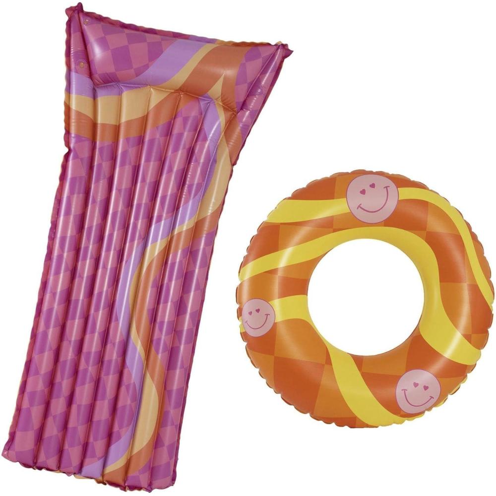 imageIn The Swim Smiley Graphic Inflatable Tube and XL Pillow Raft Pool Floats  2 Piece Set Fun Playful Designs Durable PVCSmiley
