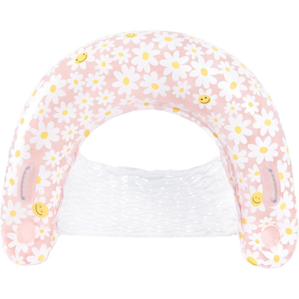 imageIn The Swim Smiling Daisy Inflatable Sun Chair Pool Float  48quot Pink Lounge Float with Backrest ampamp White Daisy Print  Comfortable PVC Pool Chair for Adults ampamp Teens