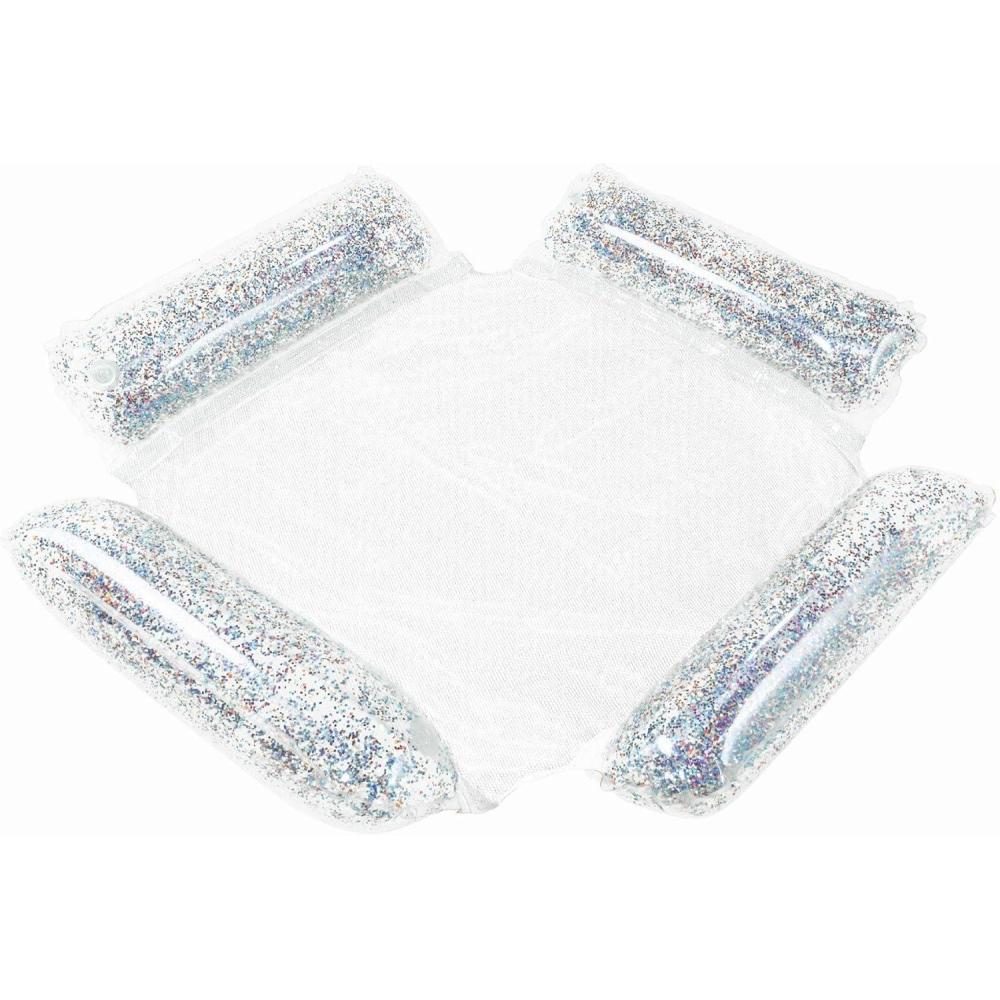 imageIn The Swim Sparkling Patriotic Inflatable Square Hammock  Red White and Blue Glitter Pool Float  Comfortable Backrest Armrests and Seat  Perfect for Travel