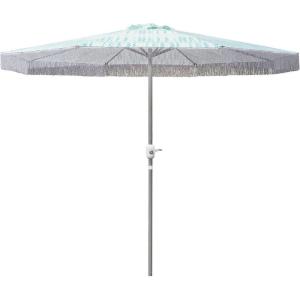 In The Swim 9′ Steel Umbrella Aquamarine Fringe – Powder-Coated, Rust-Free Frame, Weather-Resistant with Easy Open Manual Crank