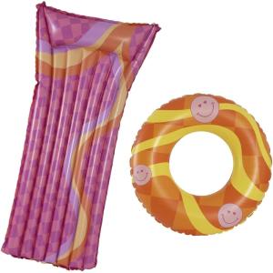 In The Swim Smiley Graphic Inflatable Tube and XL Pillow Raft Pool Floats – 2 Piece Set, Fun Playful Designs, Durable PVC(Smiley)
