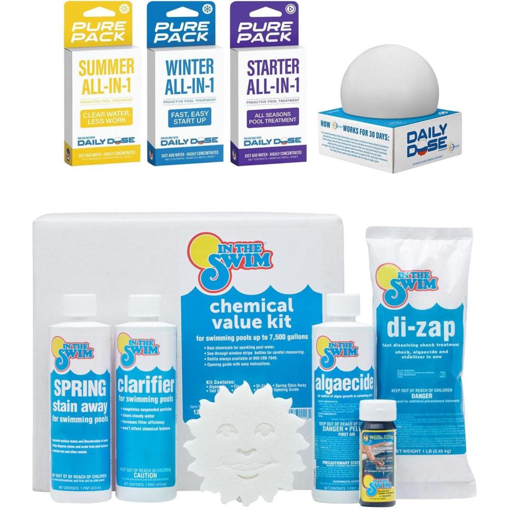 imageIn The Swim Super Swimming Pool Chemical Value Kit for Above Ground and InGround Pools Treats Up to 35K GallonsKit Daily Dose