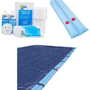 In The Swim Swimming Pool Winterization Bundle: Includes a 18’x36′ Rectangle Economy Swimming Pool Winter Cover, 35k Gallon Pool Winter Closing Kit, and 16 Double Chamber 8′ Water Tubes