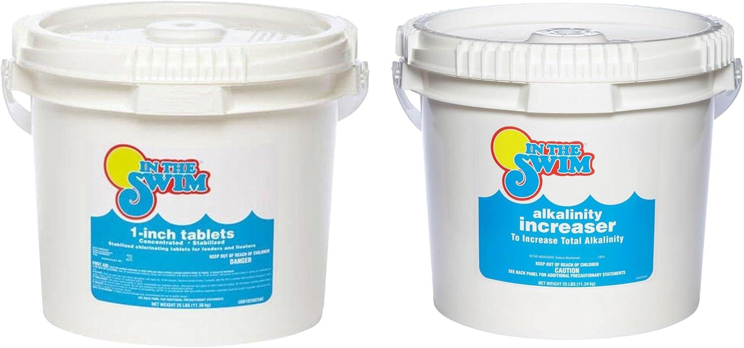 imageIn The Swim Chlorine and Alkalinity Bundle for Swimming Pools Includes 4 Pound Bucket of 1 Inch Chlorine Tablets and 5 Bag of Alkalinity IncreaserChlorine Alkalinity