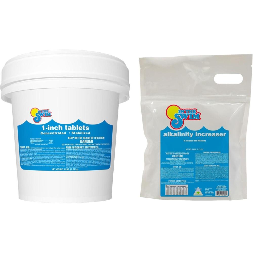 imageIn The Swim Chlorine and Alkalinity Bundle for Swimming Pools Includes 4 Pound Bucket of 1 Inch Chlorine Tablets and 5 Bag of Alkalinity IncreaserChlorine Alkalinity